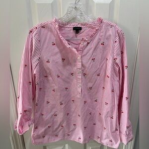 Talbots Pink and White Striped Blouse with Cherry Details